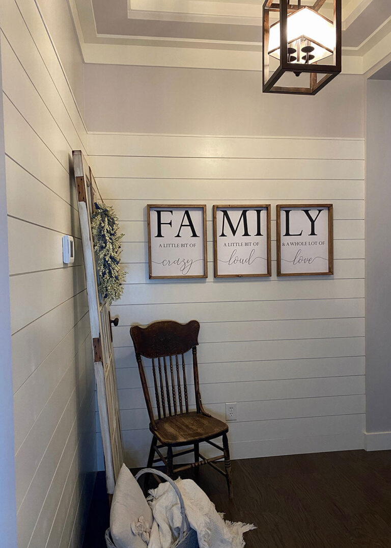Baseboard Style Crown Moulding and Shiplap on the Ceiling.