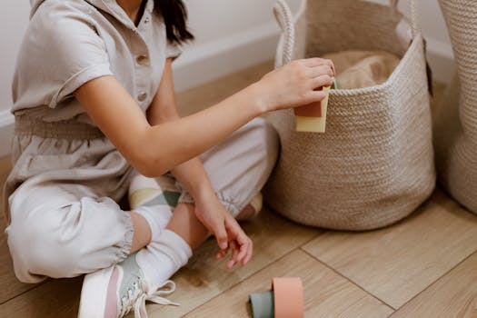 Young girl organizes colorful building blocks in a woven basket at home.